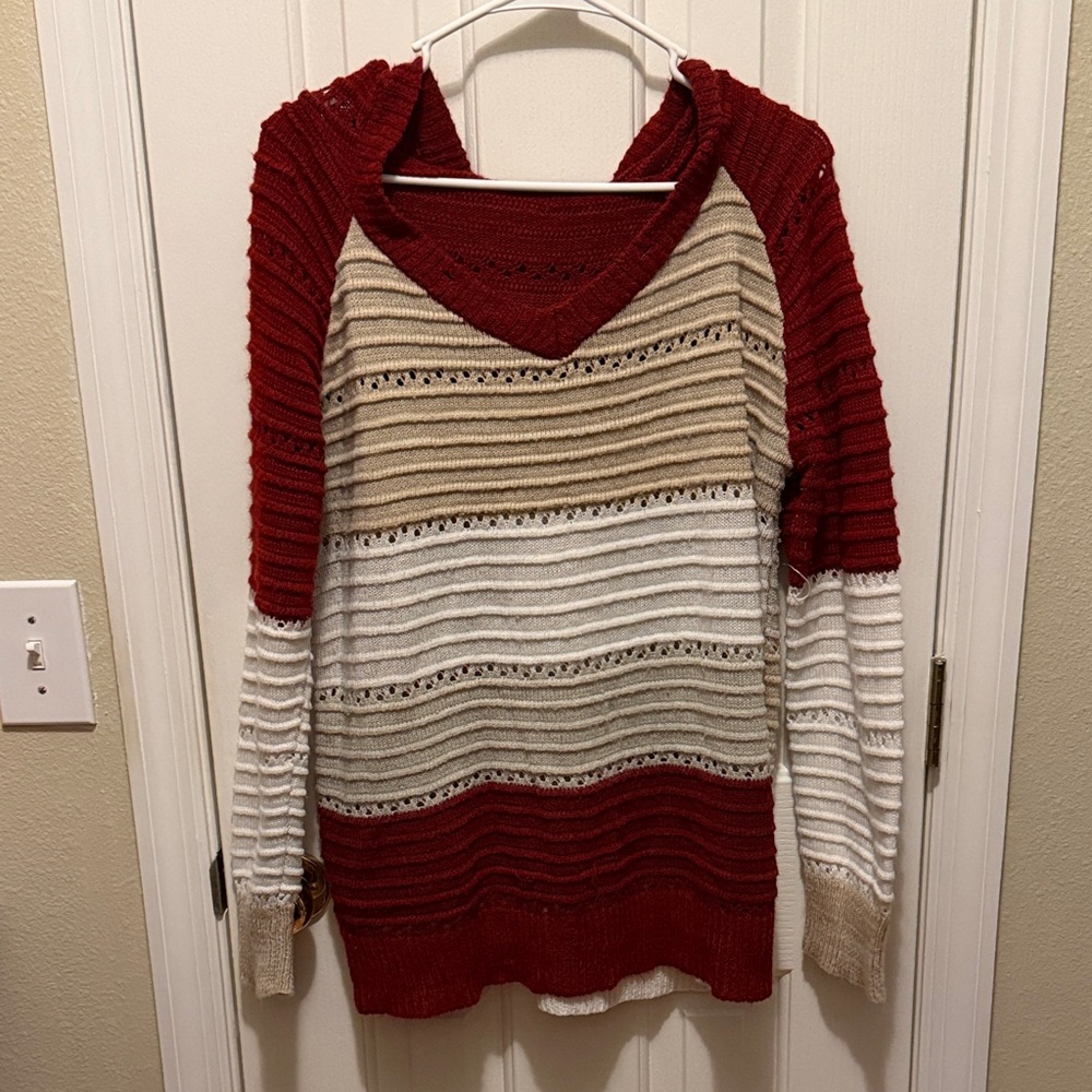 Elegant Red and Cream Striped V-Neck Sweater